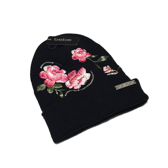 Bebe Knit Hat Beanie Sequins Black Floral NWT - Picture 2 of 6